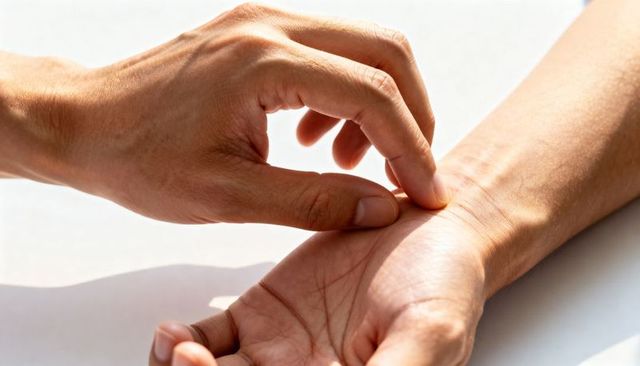 Checking wrist pulse closeup showing forearm creases and caring hands