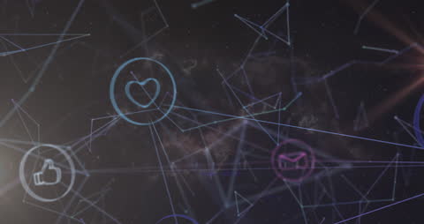 Abstract Digital Network with Icon Connections on Dark Background