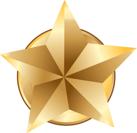 Transparent 3d gold star with faceted bevels over gold disc for prestige