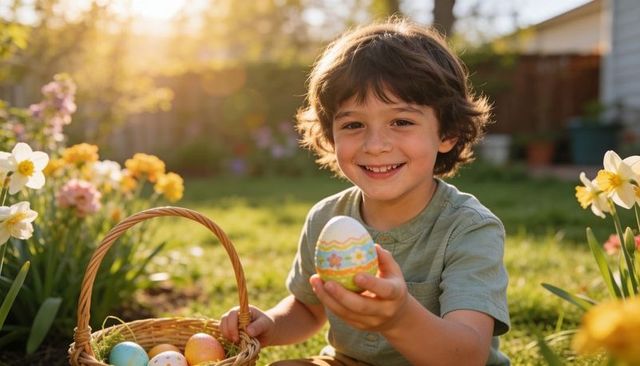 Sunlit backyard boy holding painted easter egg with wicker basket and spring flowers