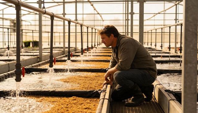 Greenhouse technician inspecting propagation trays with automated irrigation system