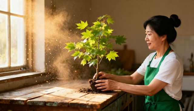 Midlife asian woman planting maple sapling on rustic sunlit wooden bench by window