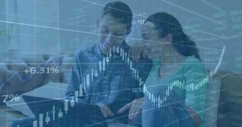 Diverse Team Analyzing Financial Data with Overlapping Stock Markets Graphics