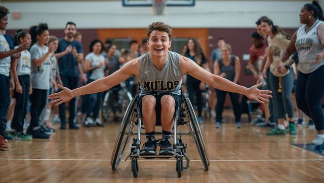 Wheelchair basketball athlete celebrating victory on court surrounded by cheering teammates