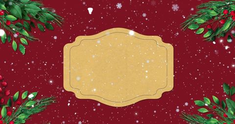 Christmas Sign with Snowflakes and Festive Decorations on Red Background