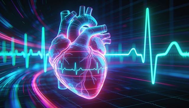 Holographic neon heart pulsing with ecg waveform in futuristic medical data visualization
