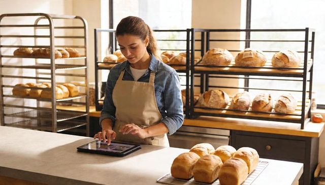 Woman baker using tablet in artisan bakery checking orders with fresh sourdough loaves