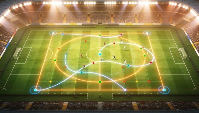 Top-down illuminated football pitch with tactical heatmap overlay and player movement