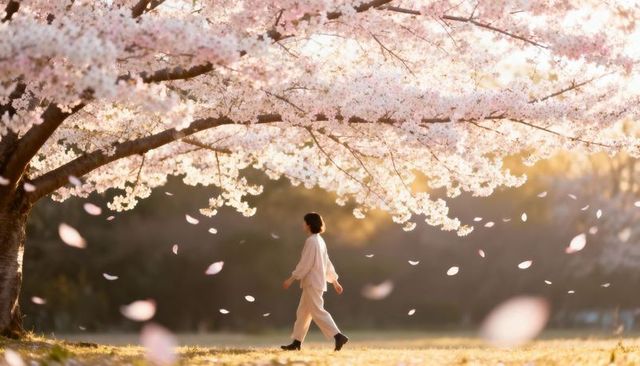 Asian woman walking under cherry blossom canopy at golden hour, petals drifting around