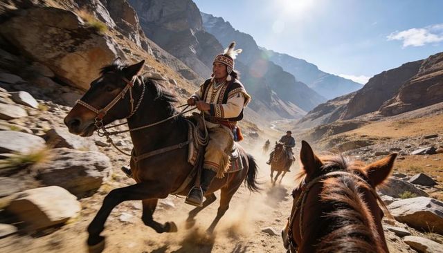 Andean rider charging through mountain valley wearing chullo and poncho on galloping horse