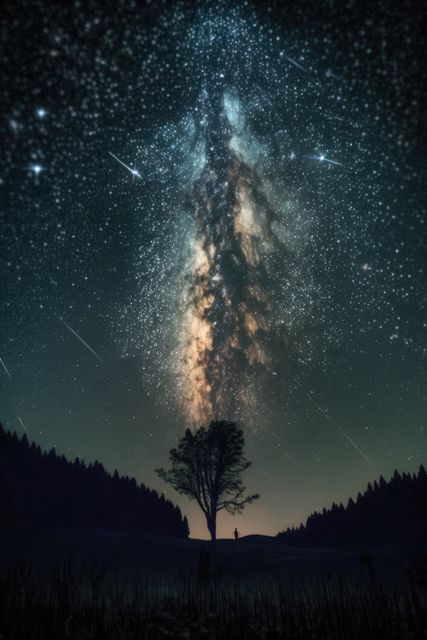Lone tree is set against the backdrop of the stunning Milky Way in a star-studded night sky. Ideal for use as a breathtaking background for designs, educational astronomy content, inspiring wallpapers, or promotional material for nature and outdoor activities.