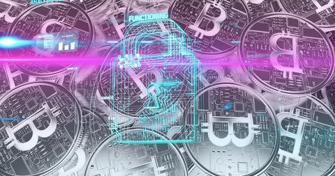 Digital security padlock on silver bitcoins with futuristic glow