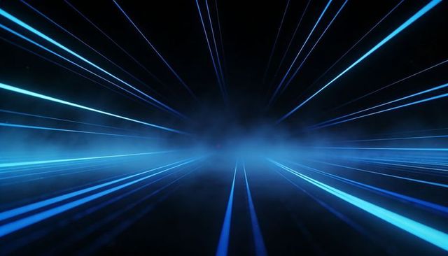 Converging neon blue beams creating futuristic vanishing point with haze and reflections