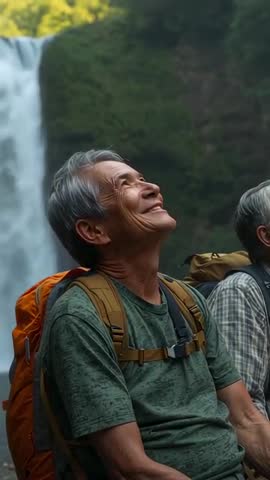 Senior hiker gazing upward at waterfall on vertical trail with orange backpack, forest lookout video