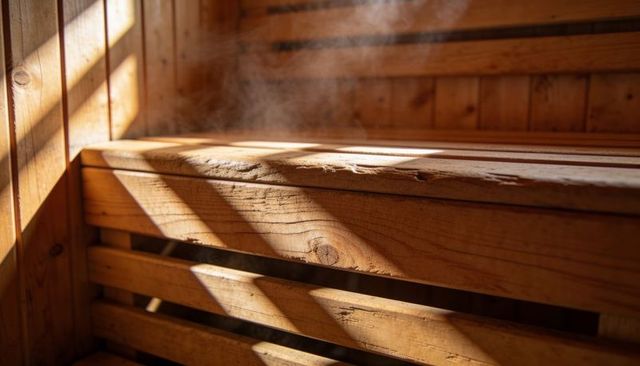 Sunlight streaming across wooden sauna bench with rising steam and textured wood grain