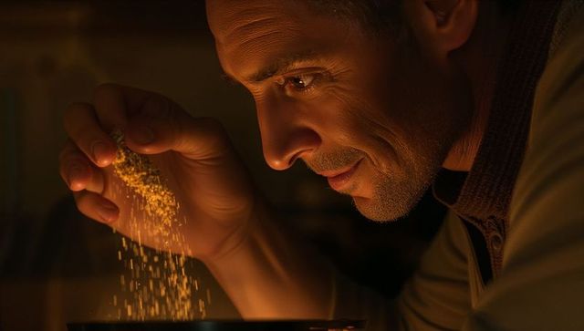 Mature man sprinkling golden spice into pot under warm amber kitchen lighting closeup