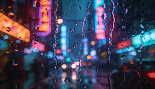Neon city through rain-drenched glass, blurred bokeh and dripping water droplets