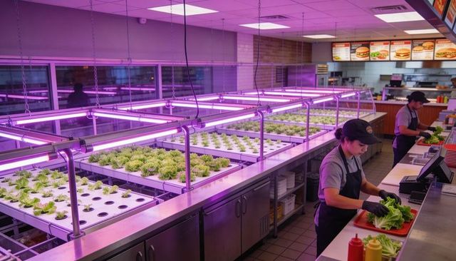 Worker harvesting hydroponic lettuce under purple led lights in fast-food kitchen with pos alerts