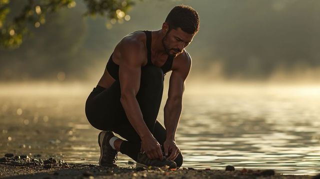 Fit man tying running shoe on misty lakeshore at golden hour, outdoor fitness routine