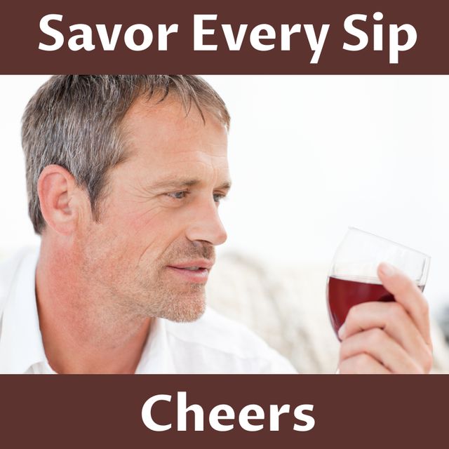 Mature man enjoying a glass of wine while contemplating the moment. Perfect for use in advertisements promoting wine or beverages, lifestyle blogs, motivational and inspirational campaigns, and social media posts celebrating relaxation and good times.