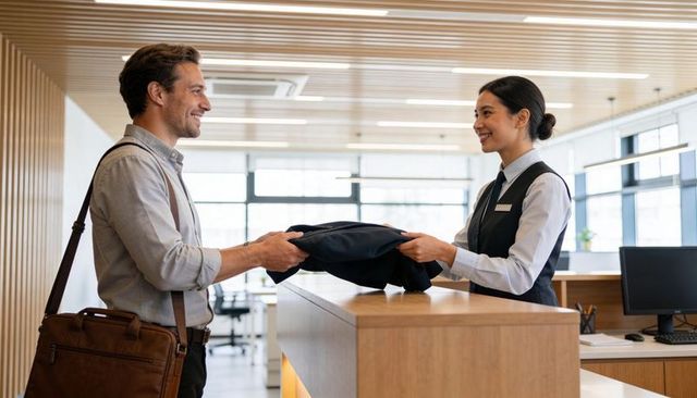 Guest handing jacket to smiling hotel receptionist at modern wood-lined front desk