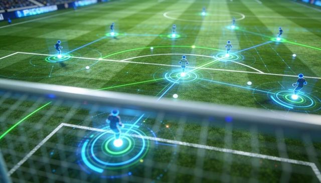 Holographic soccer tactical network showing player avatars, ai-augmented strategy