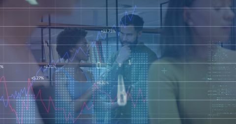 Business Professionals Analyzing Digital Financial Graphs in Office