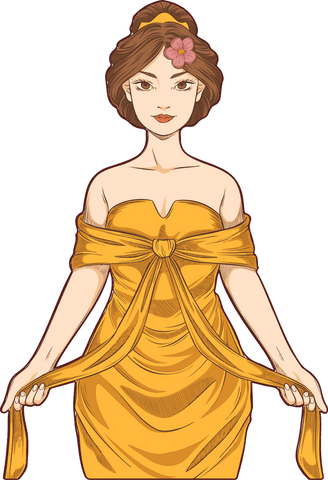 Transparent elegant woman in gold gown with ribbon details