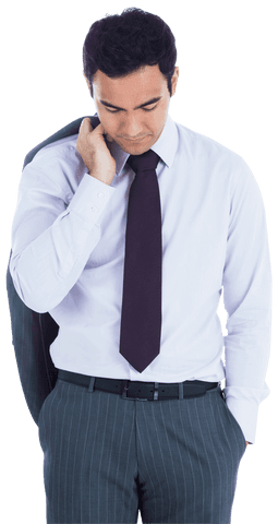 Contemplative Businessman on Transparent Background Holding Jacket