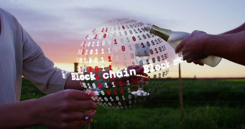 Couple toasting wine at sunset with holographic blockchain globe and binary code overlay
