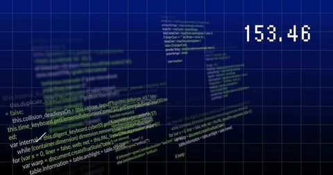 Floating code panels displaying numeric readout 153.46 on neon grid dashboard interface