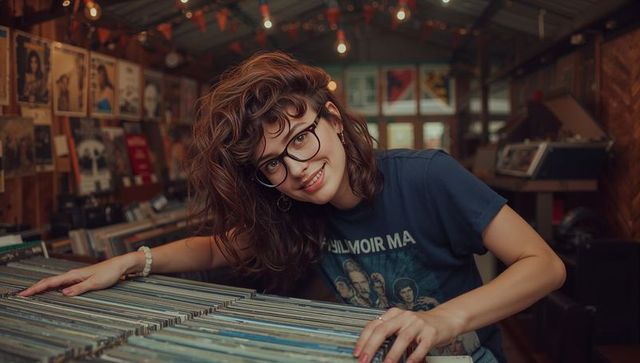 Curly-haired woman leaning and browsing vinyl crates in cozy indie record shop under warm lights