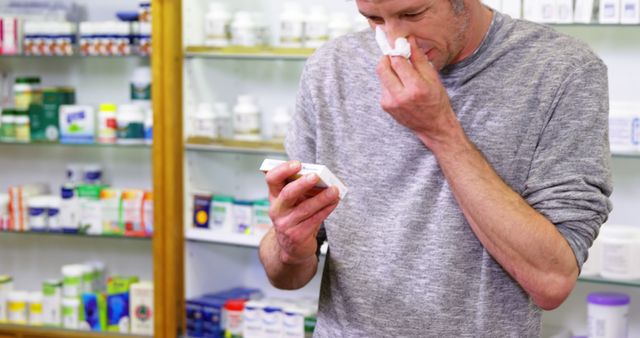 Customer checking medicine box while sneezing in pharmacy