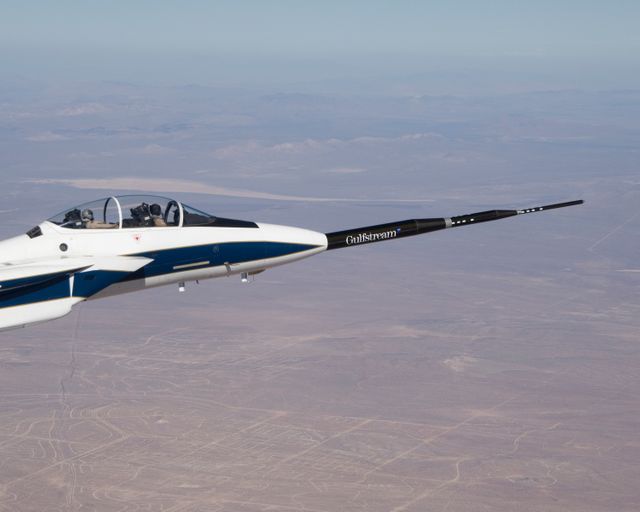 NASA F-15B #836 in flight with Quiet Spike attached. The project seeks to verify the structural integrity of the multi-segmented, articulating spike attachment designed to reduce and control a sonic boom.