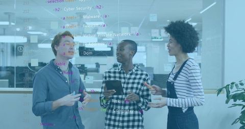 IT Professionals Collaborating in Modern Office with Digital Annotations