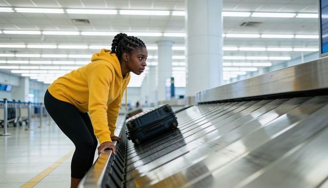 Traveler leaning at baggage claim watching suitcase approaching conveyor belt