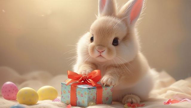 Fluffy baby bunny resting paws on floral gift box with pastel easter eggs in warm light