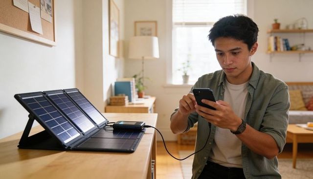 Young man charging smartphone with portable solar panel and power bank in home office