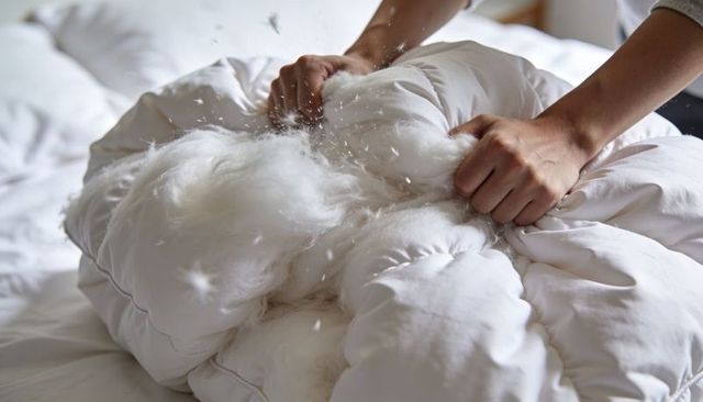 Hands pressing white down comforter releasing feathers closeup bedding care