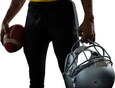 Transparent midsection athlete holding football helmet and ball