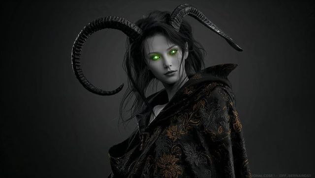 Mythic horned figure in elaborate gold embroidered cloak