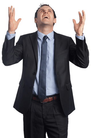 Angry Businessman in Suit Gesturing on Transparent Background