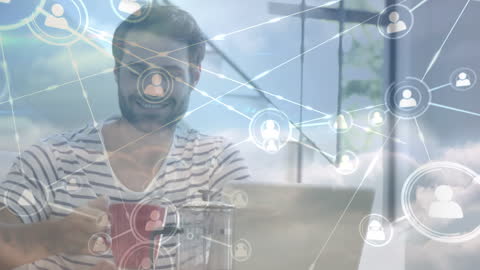 Smiling Man Enjoying Coffee with Global Networking Overlay Concept