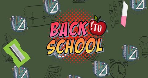 Colorful back to school graphic with school supplies on green background