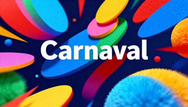Carnaval celebration graphic with colorful floating ovals, fuzzy pom-poms, vibrant depth