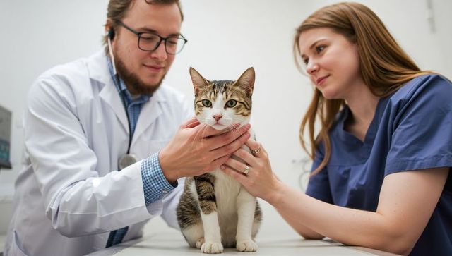 Veterinarian and vet technician examining tabby cat on clinic table with stethoscope