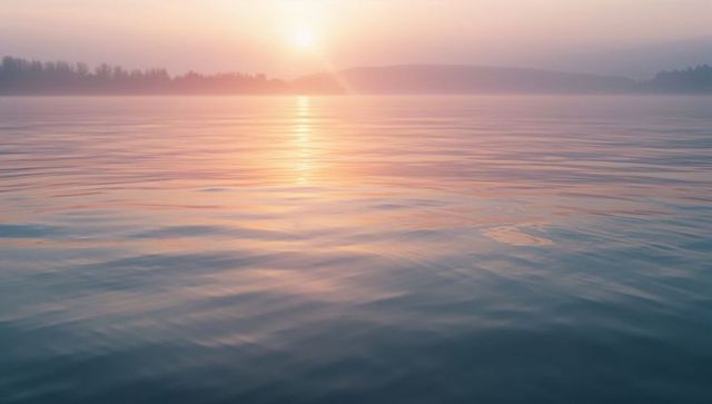 Sunset Reflecting Over Rippling Lake Water With Misty Shoreline and Pastel Sky