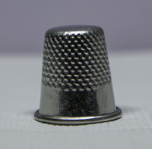 Image of close up of silver thimble on grey patterned fabric background. Clothing, sewing and tailoring concept.