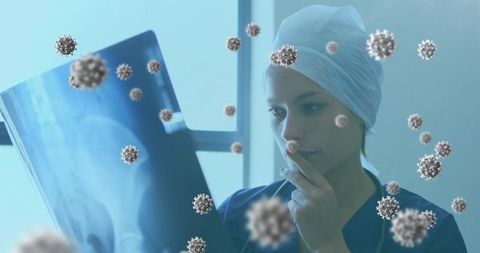 Healthcare Worker Analyzing X-ray with Virus Illustrations