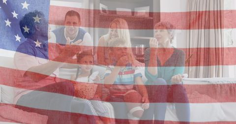 Smiling Family Enjoying American Patriotism with Overlay Flag Effect